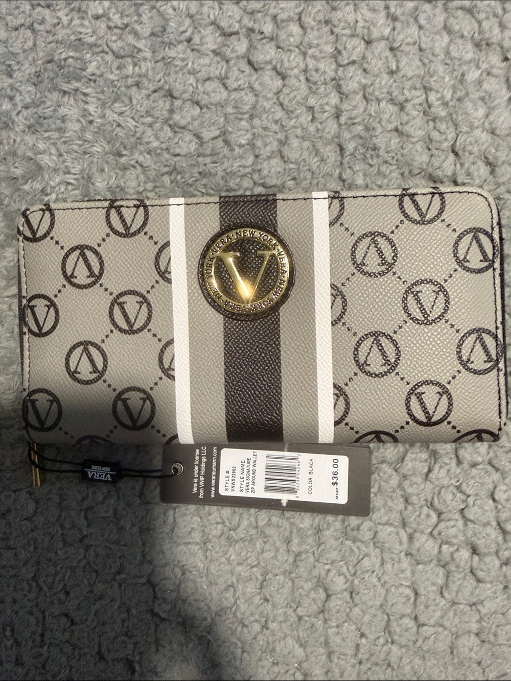 Vera Bradley Gray Monogram Zip Wallet with Contrast Stripe and Gold Emblem